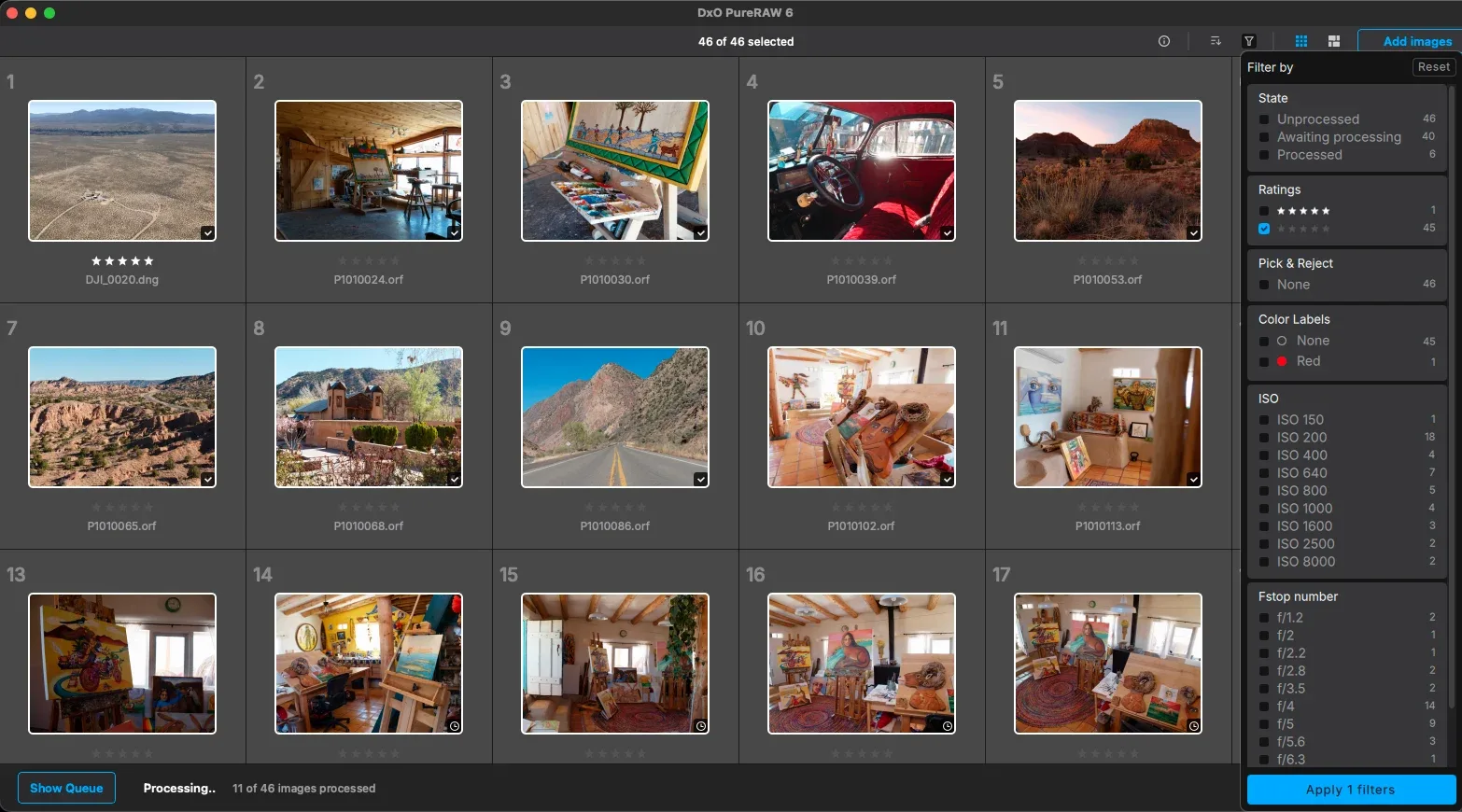 A computer screen displays a photo editing software with a grid of 16 thumbnails showing various indoor and outdoor scenes, including landscapes, rooms, and a vintage car interior. Filters and options are visible on the right.