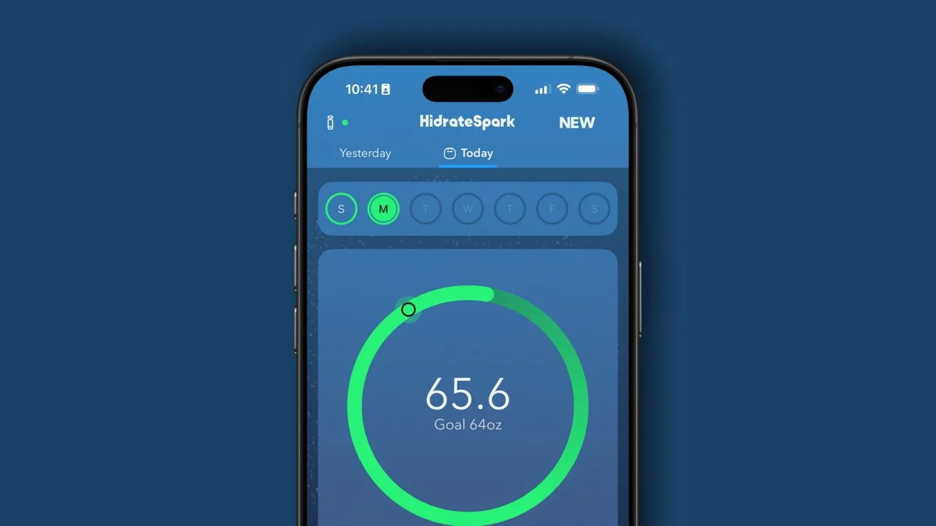 Smartphone displaying a hydration tracking app with a circular progress bar. It indicates 65.6 ounces against a goal of 64 ounces. Minimalist and blue-themed design.
