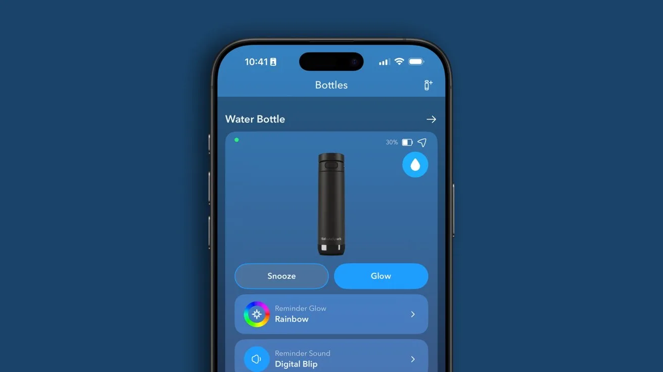 Smartphone screen displaying a water bottle app interface with snooze, glow, reminder glow, and sound options on a blue background.