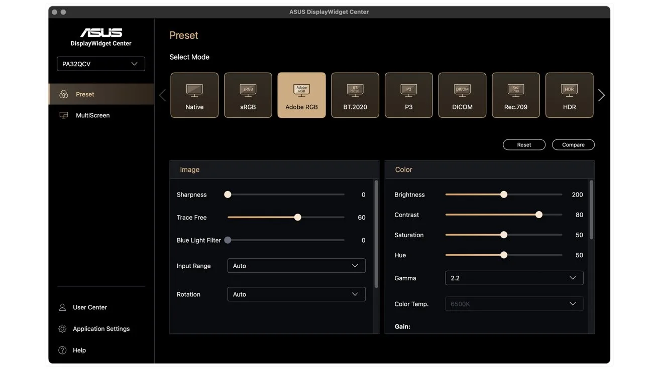 Display settings interface showing options for color modes, sharpness, trace free, blue light filter, brightness, contrast, saturation, hue, gamma, color temperature, and preset selection.