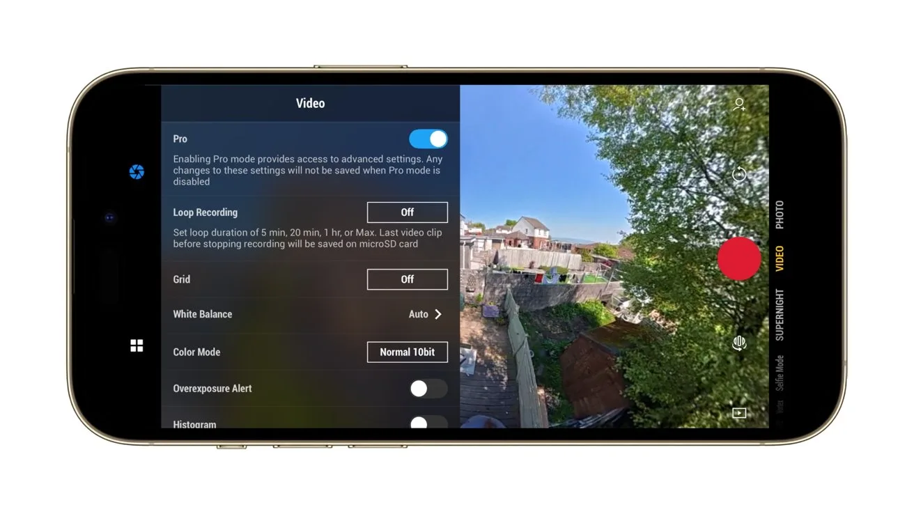 Smartphone screen showing a video camera app: left side displays Pro video settings menu, right side shows backyard scene with houses, trees, and a large red recording button.