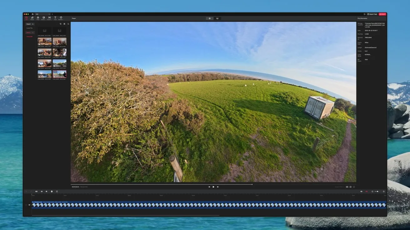 Video editing software window showing a fisheye aerial view of a green field, trees, a small shed, and distant coastline under blue sky, framed by desktop ocean wallpaper