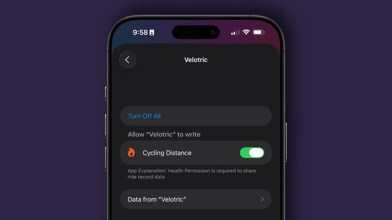 Smartphone screen showing Velotric health permissions page with dark theme, highlighting a green toggle to allow Cycling Distance data writing, and options like Turn Off All and Data from Velotric