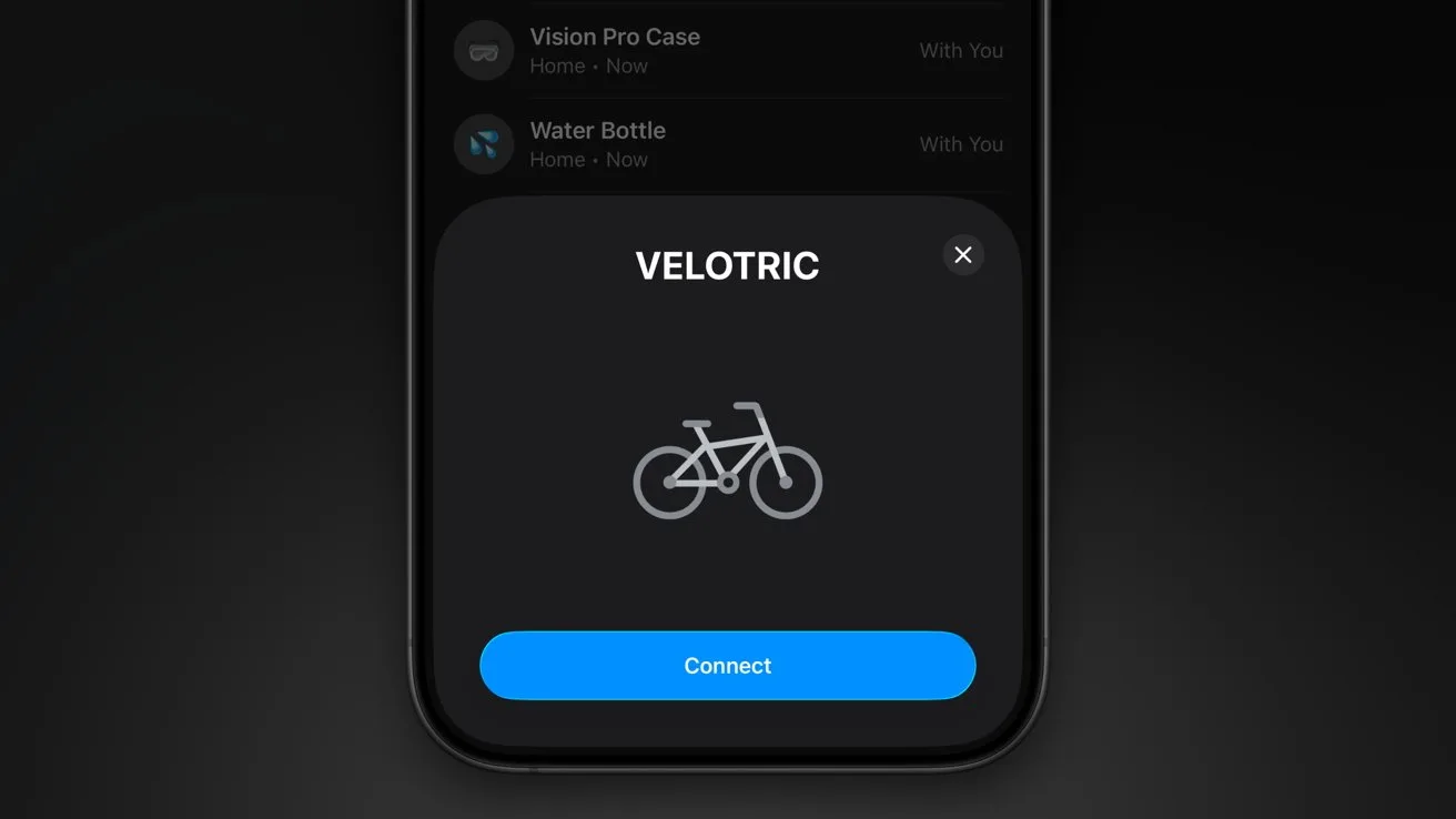 Smartphone screen showing Velotric bike pairing prompt, with bicycle icon centered on dark background and large blue Connect button at the bottom.