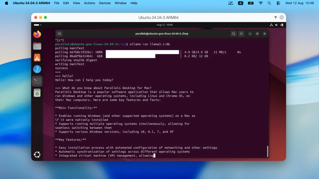 Ubuntu desktop running in a window on a Mac, showing a terminal with installation logs and text output, dock icons on the left, and macOS menu bar visible at the top