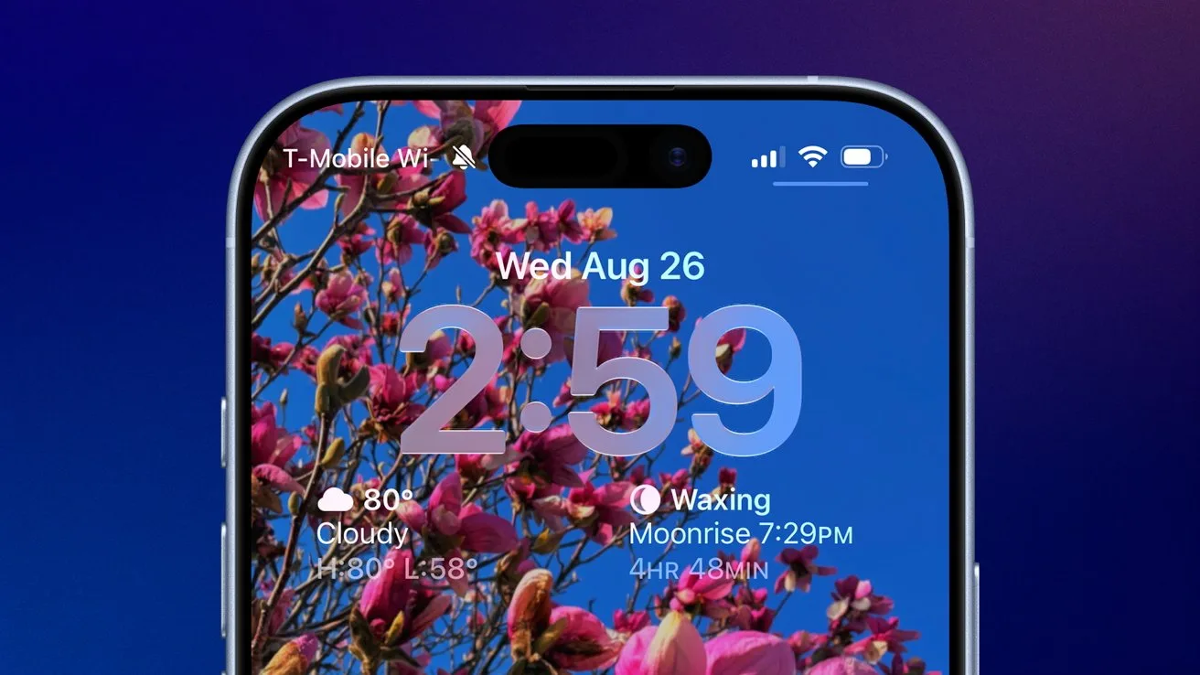 iPhone lock screen showing 2:59 time, date Wednesday August 26, cloudy weather details, waxing moon info, and a colorful background of pink flowers against a bright blue sky