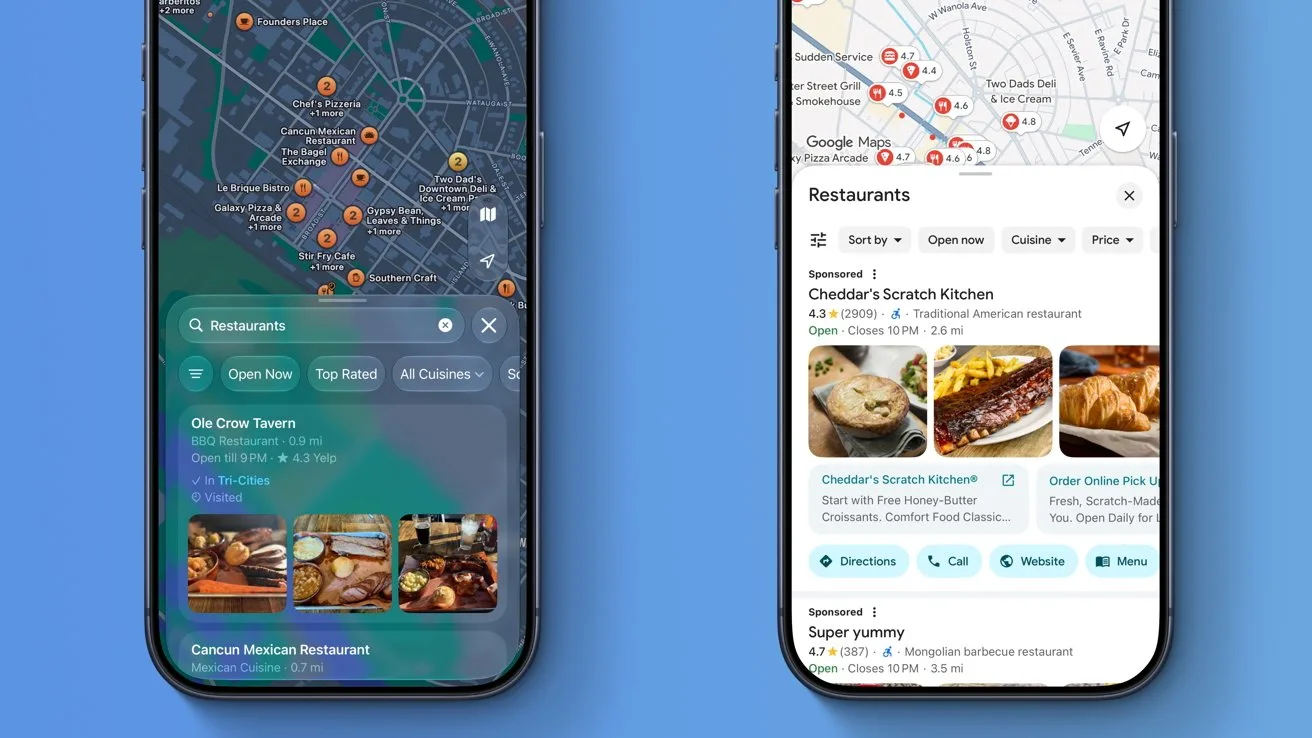 Two smartphones displaying restaurant search results on map apps, one in dark mode and one in light mode, showing pins, photos of food, restaurant details, ratings, and navigation buttons