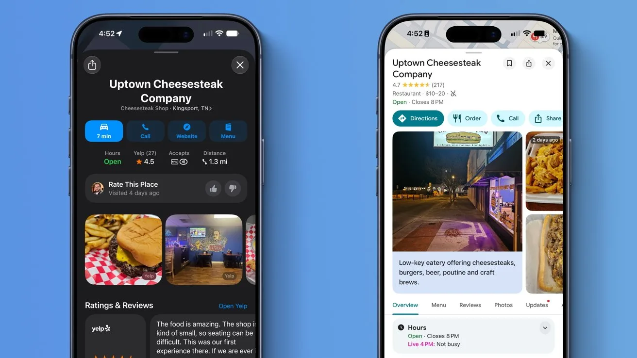 Two smartphones display a restaurant listing for Uptown Cheesesteak Company, one in dark mode and one in light mode, showing photos of cheesesteaks, fries, street view, ratings, and directions