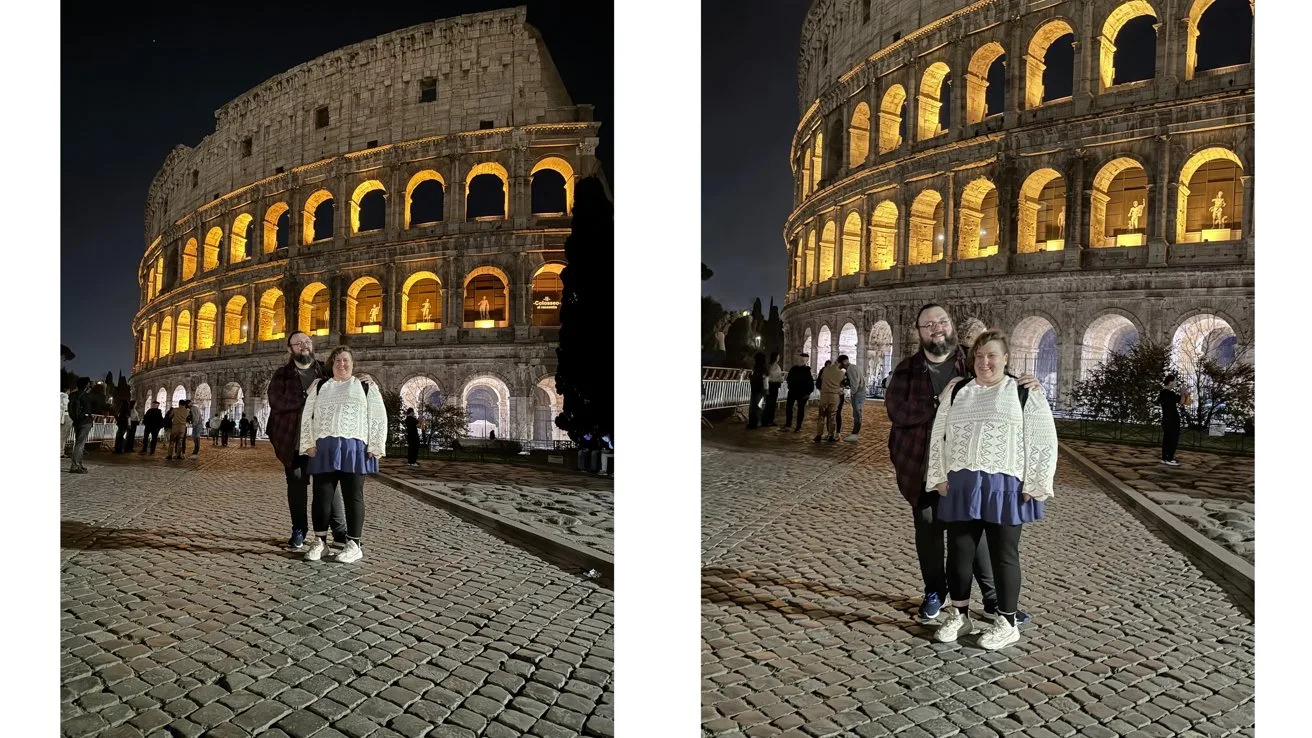 Two people pose together on cobblestone pavement at night in front of the illuminated Colosseum, shown in two similar sidebyside photos taken from slightly different distances