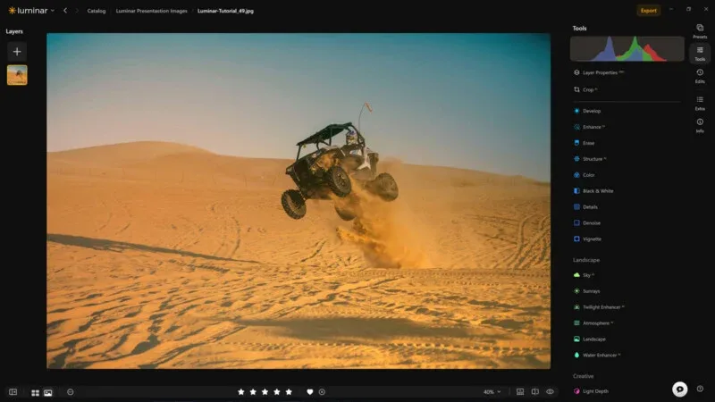 A side-by-side view of a photo editing software interface showing a dune buggy jumping over sand dunes in a desert.