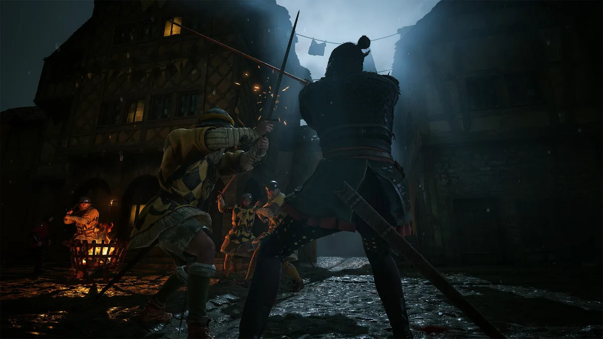 The Blood of Dawnwalker screenshot featuring Coen fighting an enemy at night.