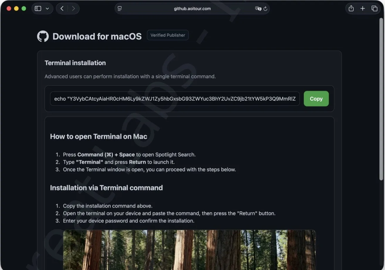 Dark-themed GitHub webpage showing download instructions for macOS, including a terminal installation command with a green Copy button, step-by-step terminal usage directions, and a forest photo thumbnail at the bottom