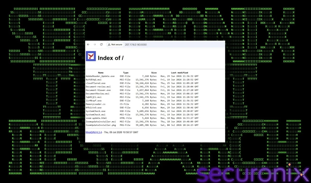 Browser window showing a directory index listing multiple files and folders, overlaid on a black background with large green text patterns and purple securonix logo at the bottom