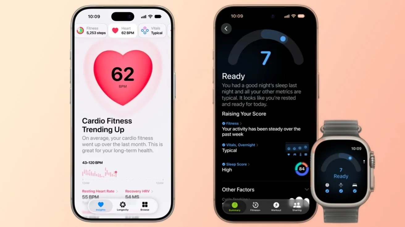 Three Apple devices display health data: iPhone with a large pink heart and cardio fitness score 62, iPhone showing a readiness score 7, and Apple Watch showing detailed activity and readiness metrics.