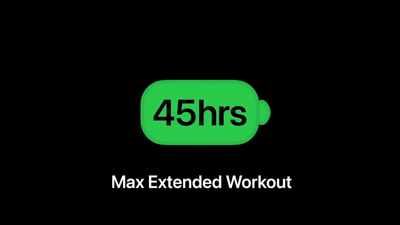 Green battery icon displaying 45hrs on a black background, with white text below reading Max Extended Workout, suggesting long battery life for fitness tracking