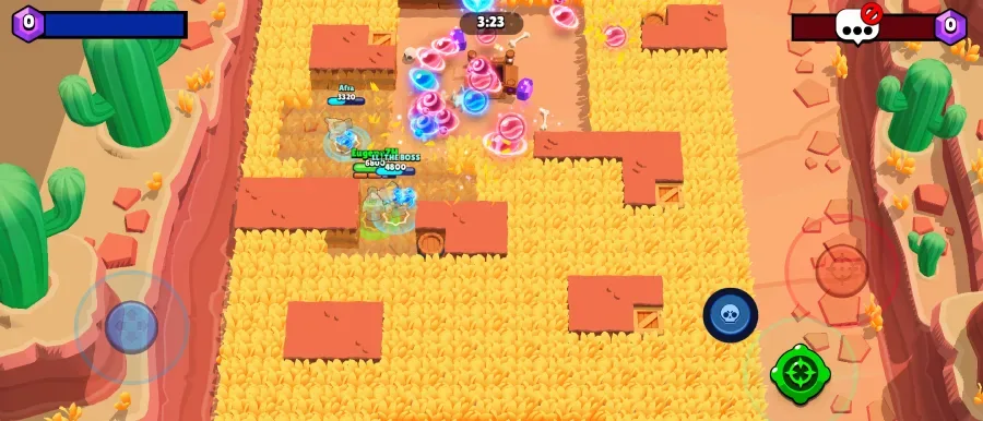 Brawl Stars screenshot: a mirror match of the brawler Cosmo to showcase the projectiles of his main attack.