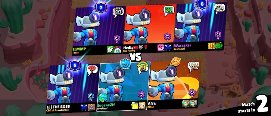 Brawl Stars screenshot: loading screen of a mirror match with the brawler Cosmo; six players are on this character.