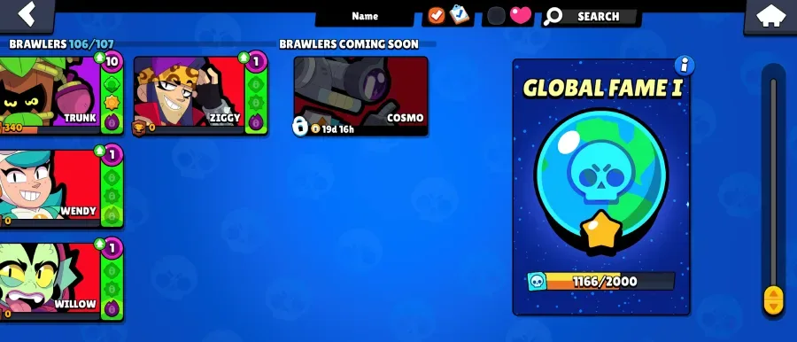 Brawl Stars screenshot: character selection screen and the countdown timer for the brawler Cosmo — 20 days before the full release.