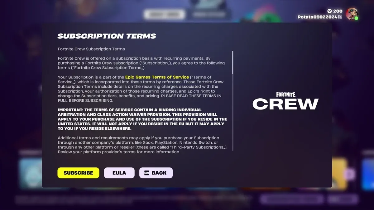 Subscribe to Fortnite Crew