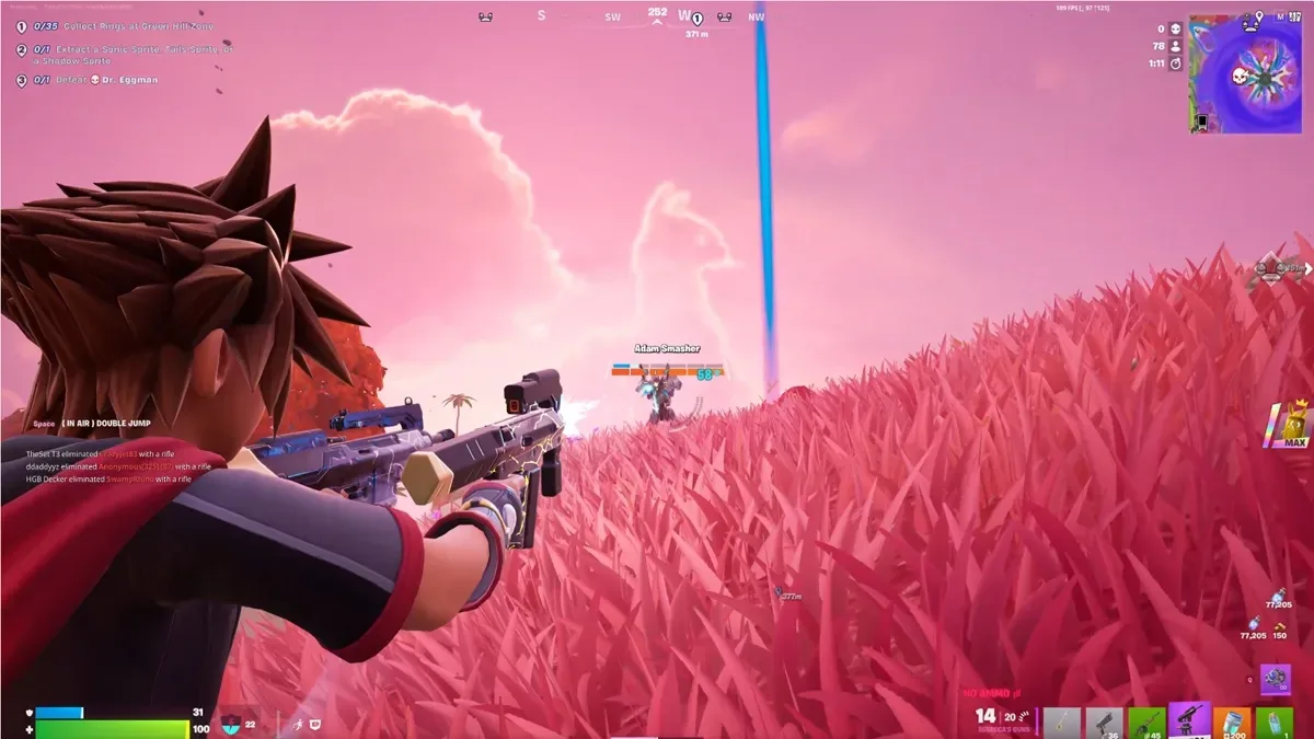 Using Rebecca's Guns in Fortnite to fight Adam Smasher