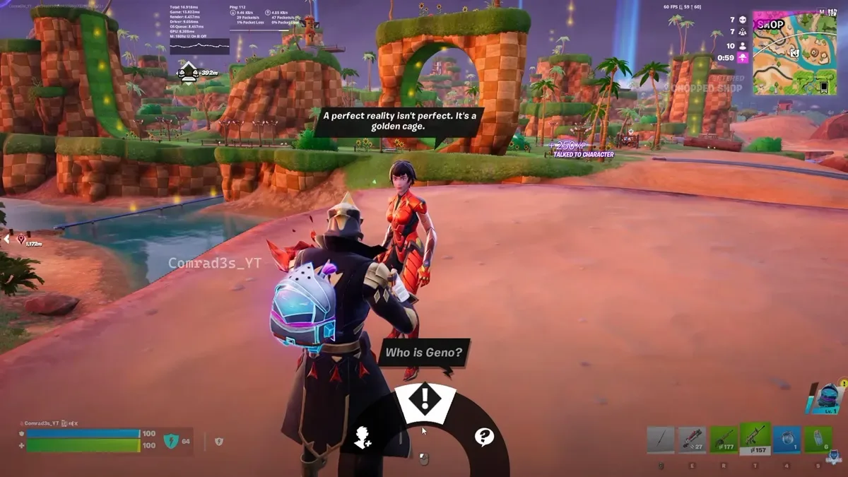 Talking to NPCs to ask about Geno in Fortnite
