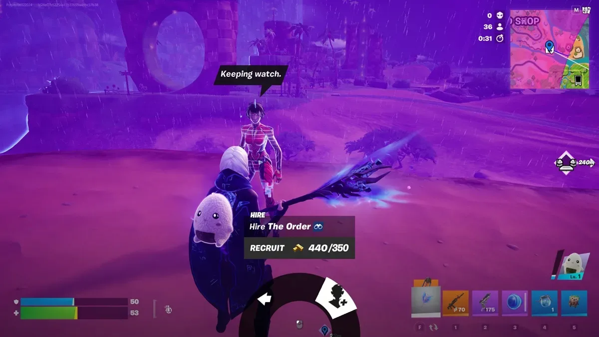 Interacting with The Order NPC in Fortnite to hire them