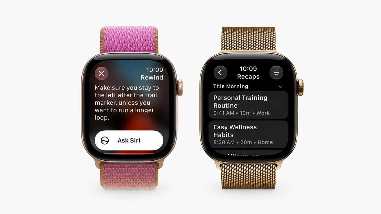 Two smartwatches with colorful bands display dark screens: the left shows a Siri prompt and workout guidance text, while the right shows a recap list of wellness and training routines.