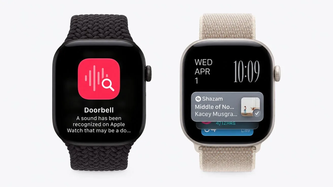 Two Apple Watches side by side: left shows a sound recognition doorbell alert, right displays the time and a Shazam music notification, each with different colored woven bands