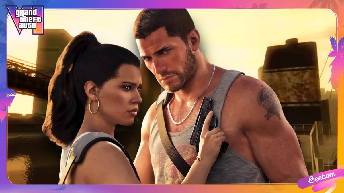 GTA 6 screenshot with Jason and Lucia, with GTA 4's Liberty City in the background.