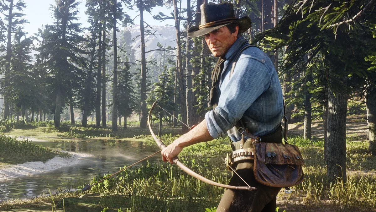 Arthur carrying a bow and arrow in Red Dead Redemption 2.