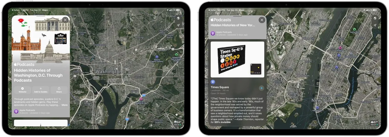 Two tablet screens displaying satellite map views of cities, each with a side panel showing place details, photos, and text descriptions overlaid on the maps.