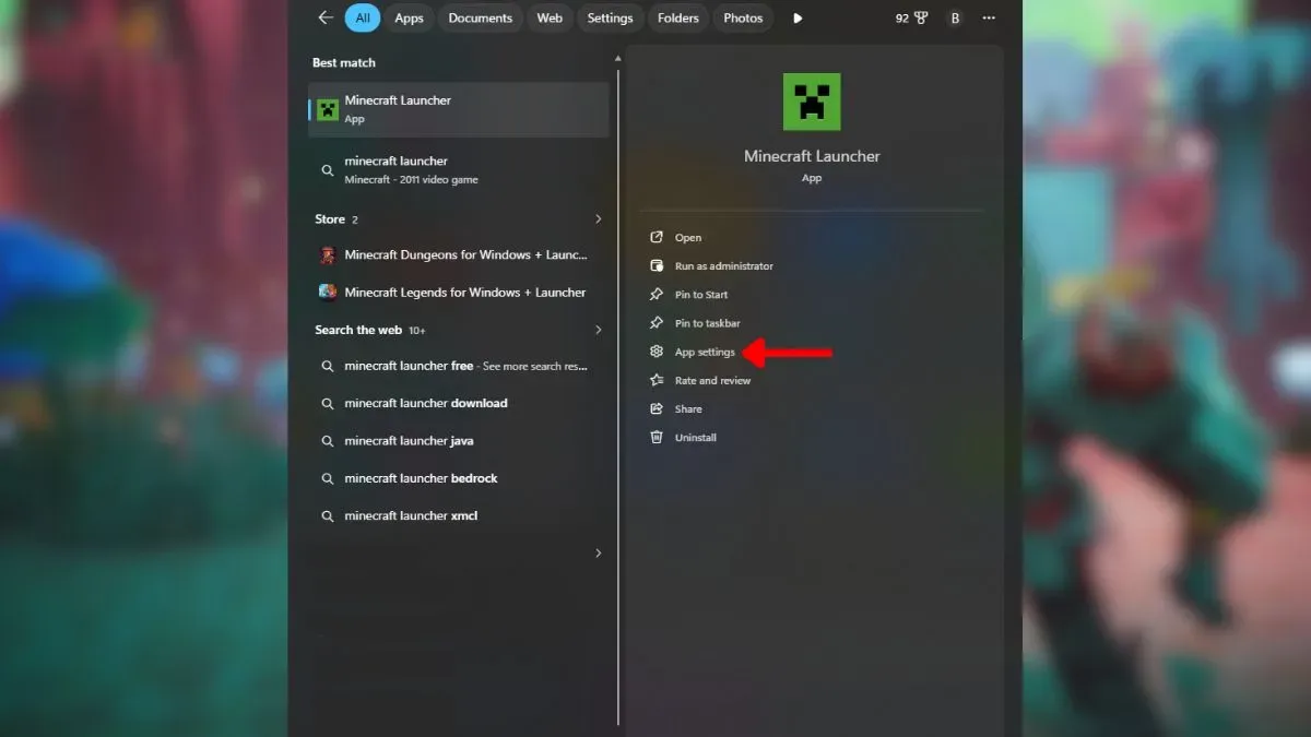 Click on the App settings of Minecraft launcher