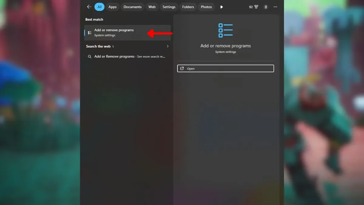 Search for add or remove programs