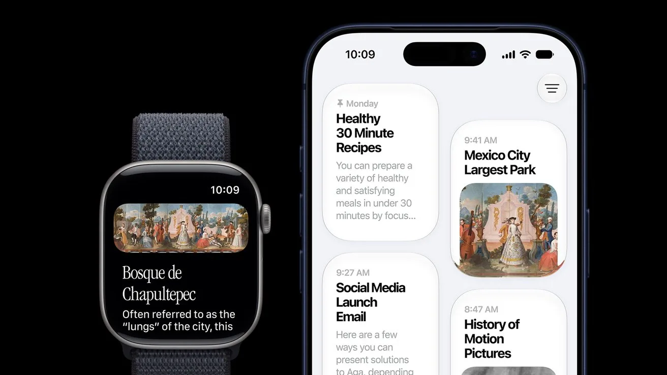 Apple Watch and iPhone displaying a synchronized Siri app, with park and recipe articles in rounded cards on a white phone screen and a matching park article on the watch face