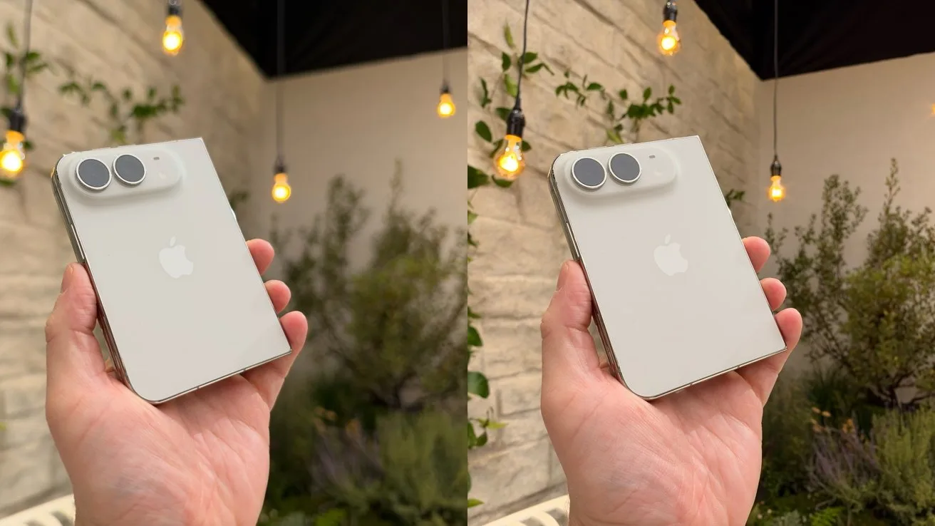 Hand holding a white iPhone with dual rear cameras, shown in two nearly identical outdoor shots against a stone wall, hanging light bulbs, and green plants in the background