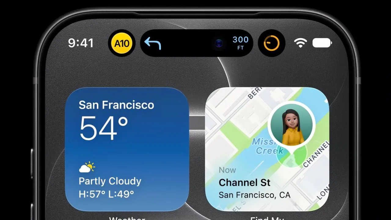 iPhone screen showing weather widget for San Francisco at 54 degrees and a maps widget with contact location on Channel Street, alongside status icons and time at the top