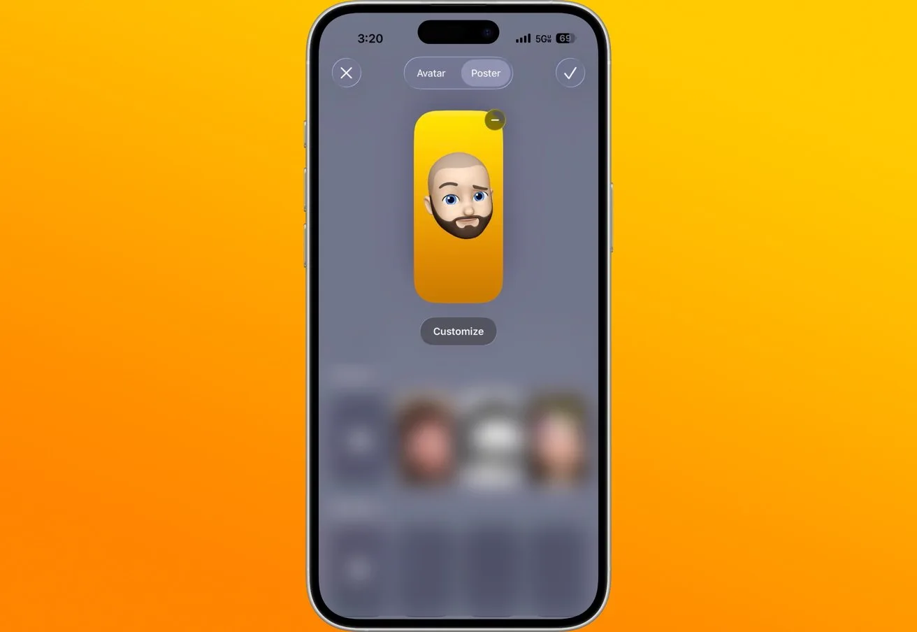 iPhone screen showing a contact poster editor with a yellow background and a bald bearded Memoji face centered, surrounded by blurred contact options on an orange gradient backdrop