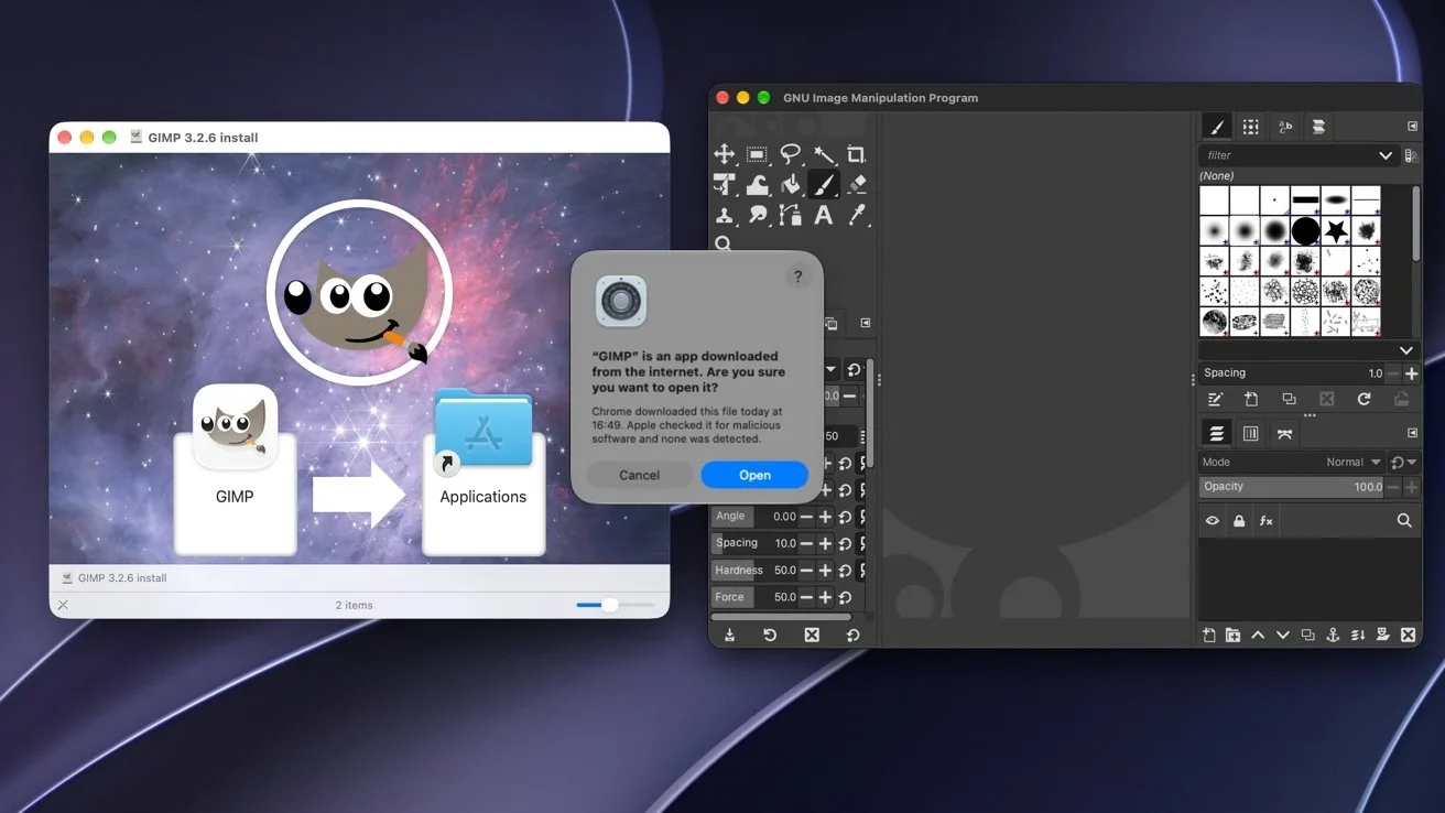 Mac desktop showing GIMP installation window beside the open GIMP application, with a security pop-up dialog asking to confirm opening the downloaded app, all against a dark abstract background