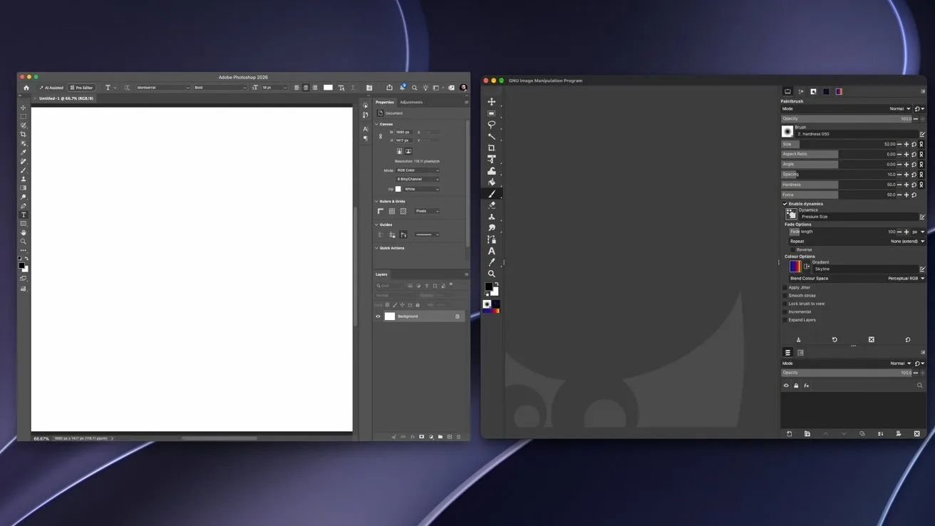 Computer screen showing two graphics editing programs side by side: a blank white canvas with tool panels on the left, and a dark workspace with adjustment panels on the right