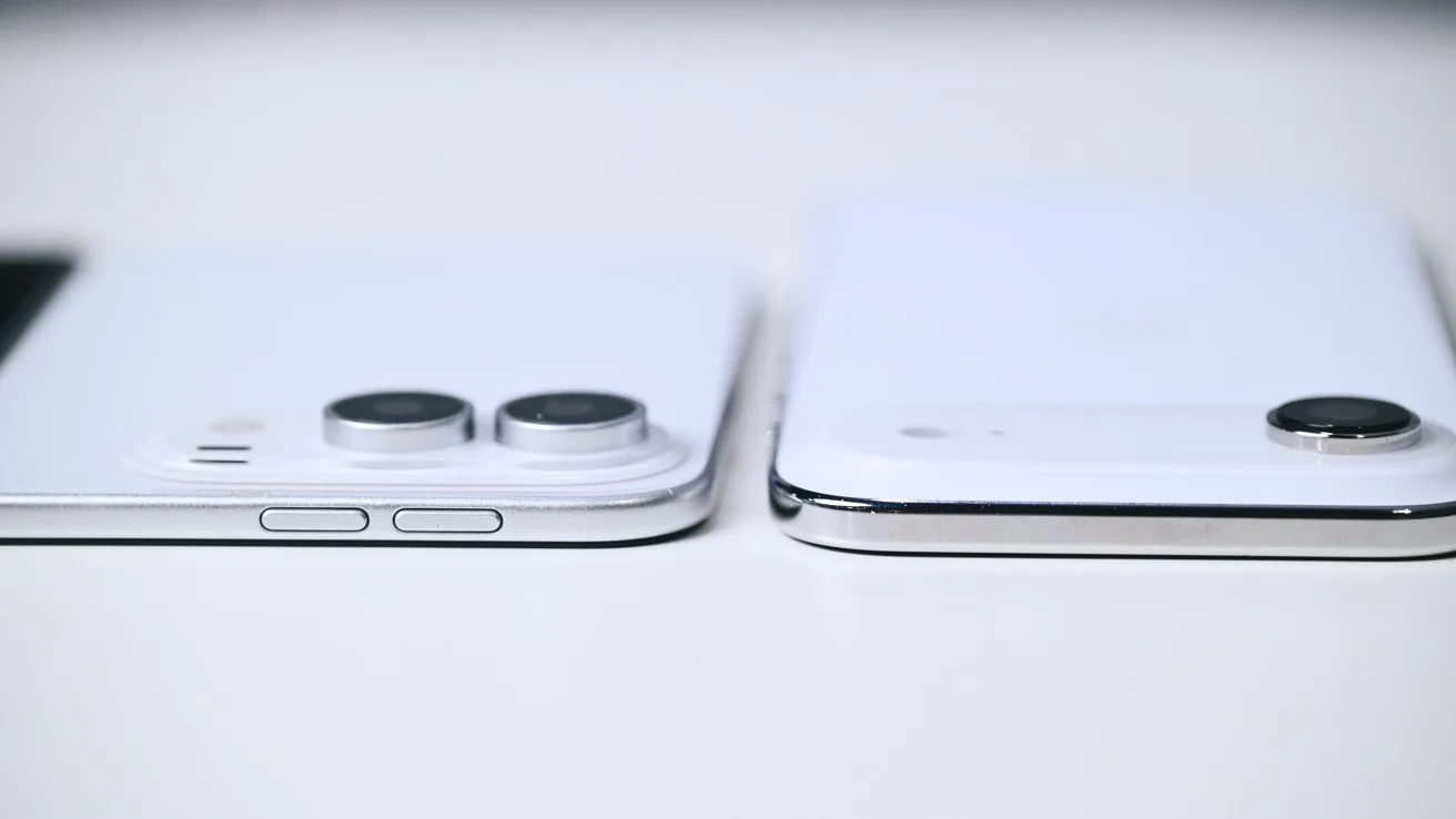 Two white smartphones lying flat on a table, shown from the side, highlighting their raised rear camera bumps and slim silver edges