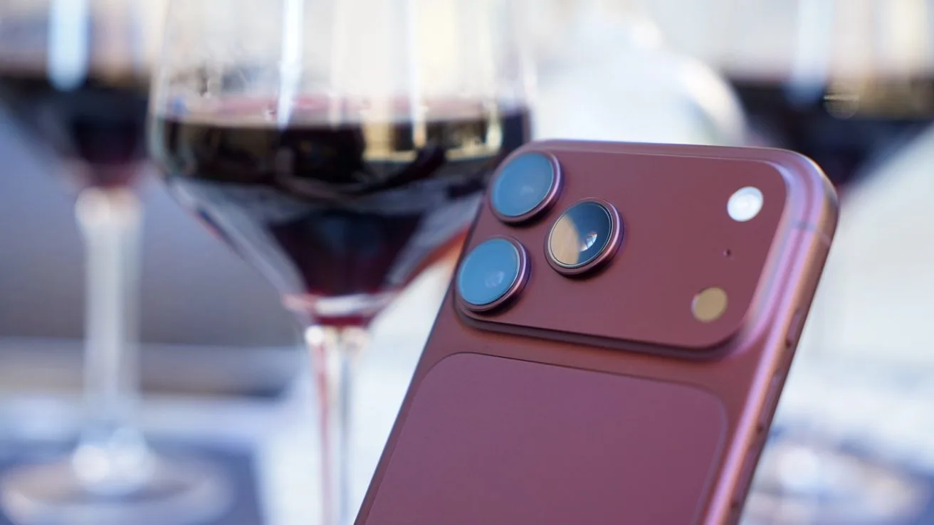 Close-up of a burgundy iPhone 18 Pro Max with dual rear cameras in front of blurred wine glasses filled with red wine on a table
