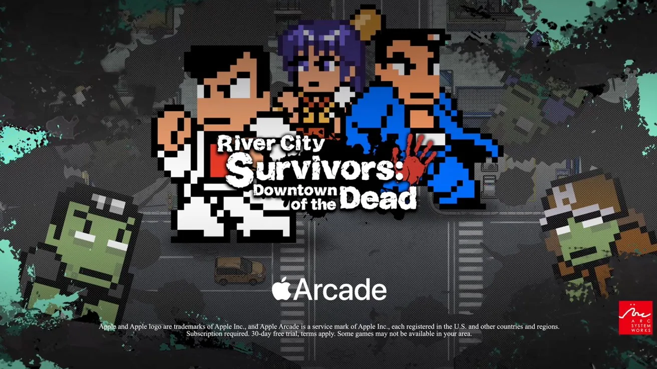 Pixel art poster for River City Survivors Downtown of the Dead, showing three fighters and two green zombies on a dark, ruined city background with Apple Arcade logo at the bottom