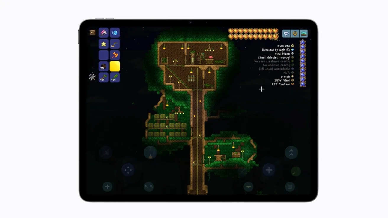 Tablet screen displaying a Terraria+ at night, showing a large wooden base, underground tunnels, glowing green areas, and interface icons along the left and right edges