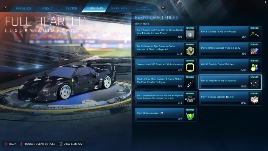 The Rocket League screenshot features the Full Hearted animated decal — a free reward from the Kingdom Hearts collaboration challenges.