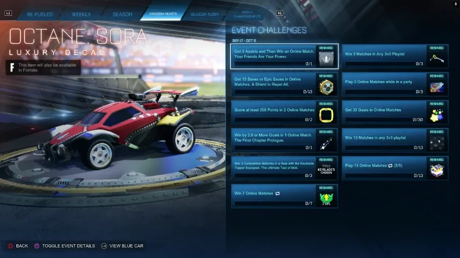 The Rocket League screenshot features the Sora decal for the Octane car — a free reward from the Kingdom Hearts collaboration challenges.