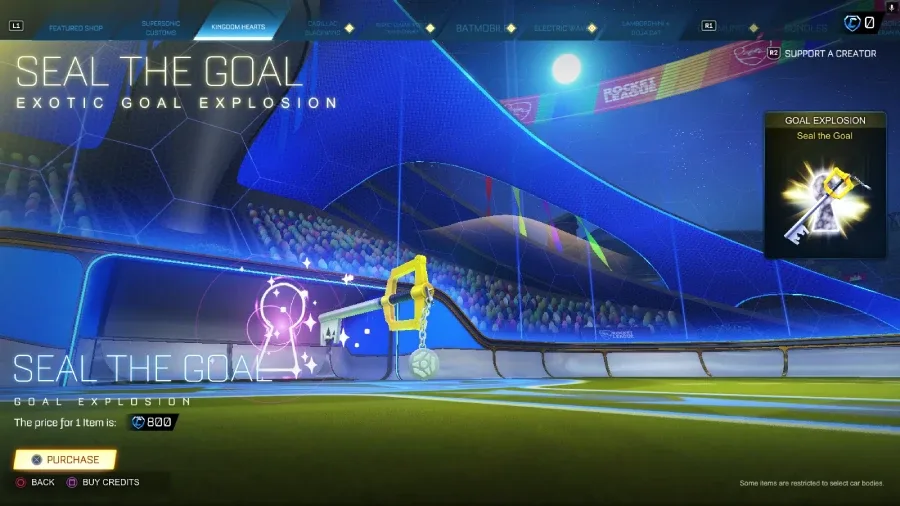 The Rocket League screenshot features the Kingdom Hearts goal explosion — it’s an offer in the game’s item shop.