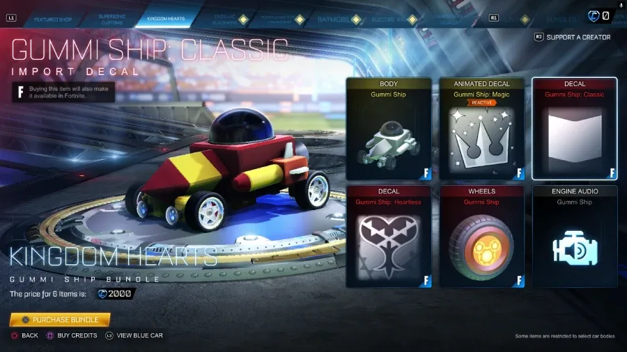 The Rocket League screenshot features the Gummi Ship as part of the Kingdom Hearts bundle in the item shop during the collaboration event — with the Classic decal.
