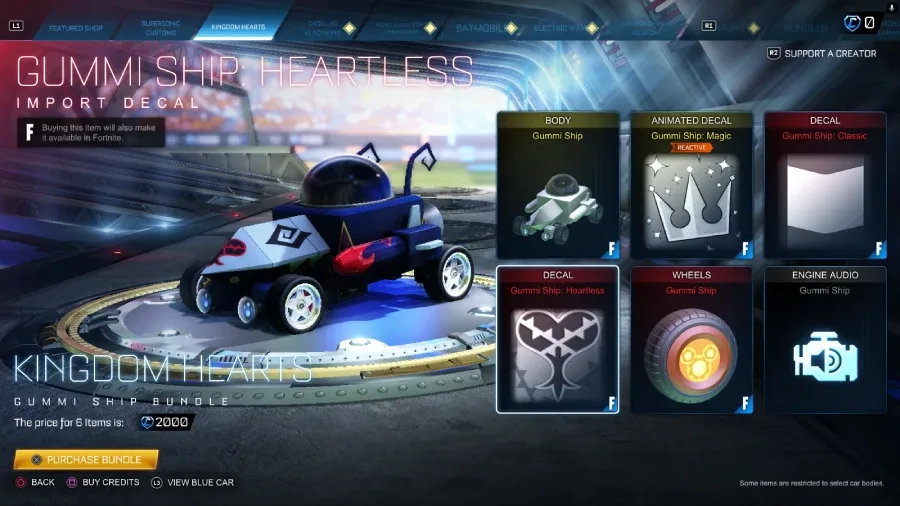 The Rocket League screenshot features the Gummi Ship as part of the Kingdom Hearts bundle in the item shop during the collaboration event — with the Heartless decal.